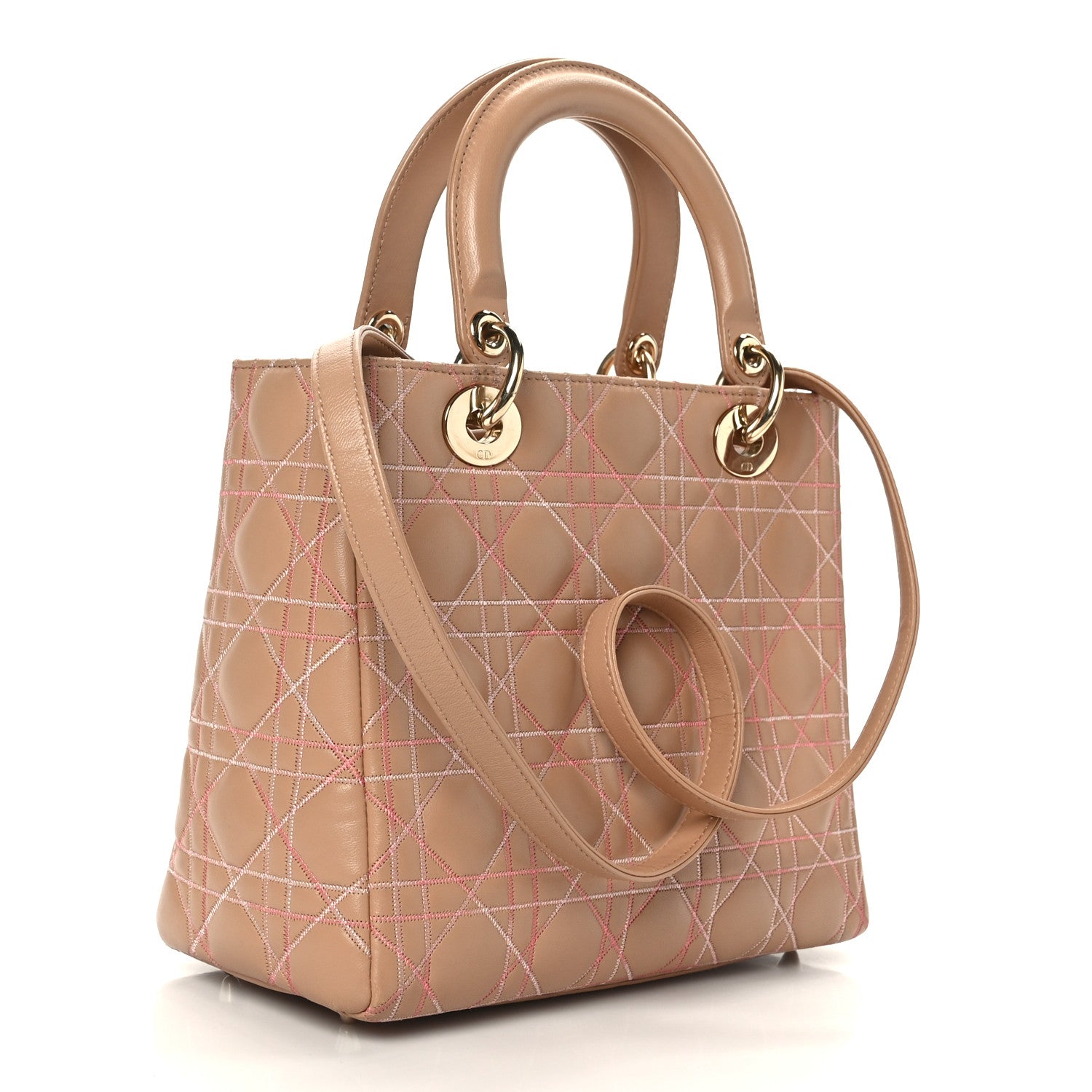 Christian Dior Lambskin Cannage Contrast Stitch Medium Lady Dior Beige 2 of 8