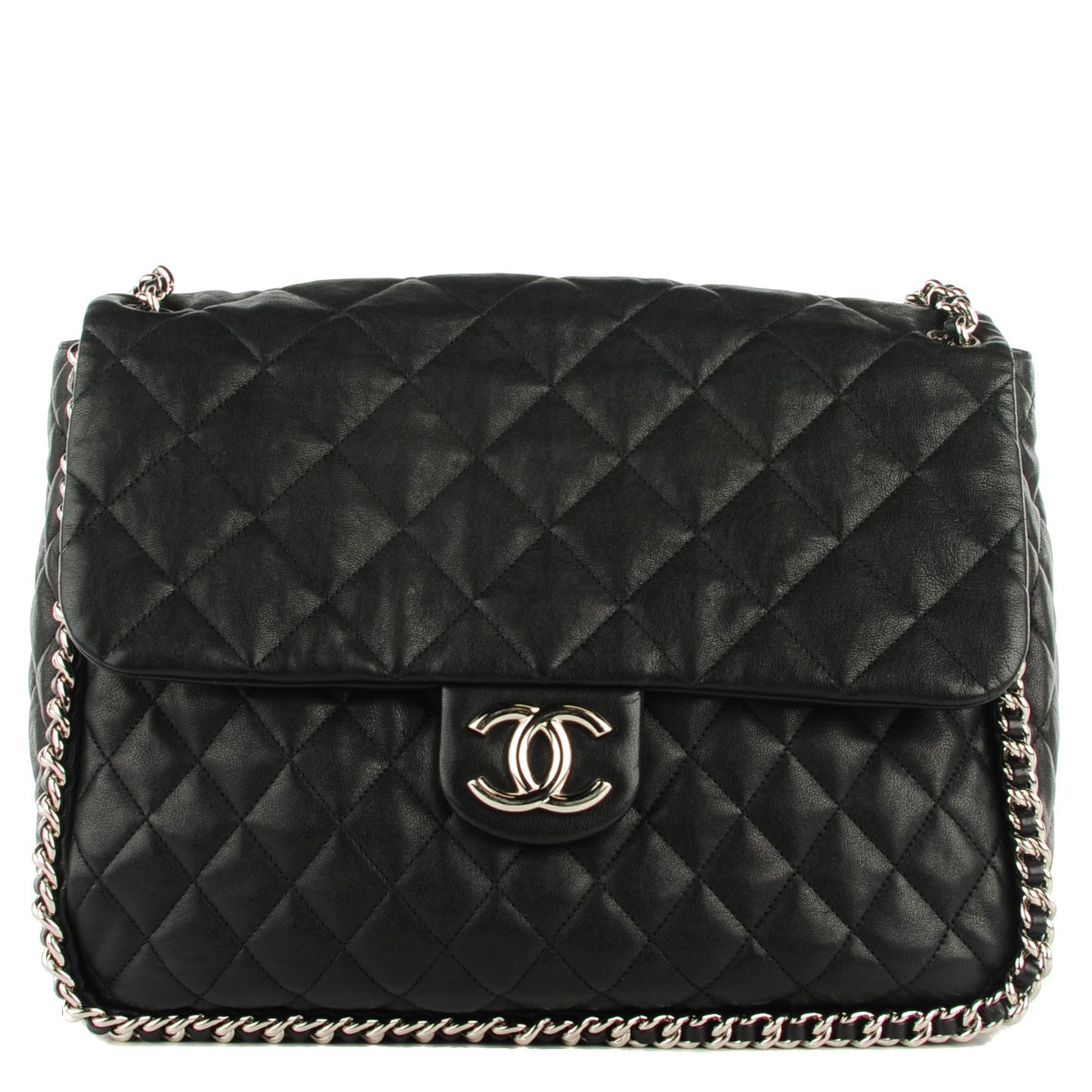 Crumpled Lambskin Chain Around Maxi Flap Black