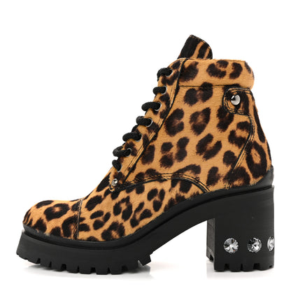 Miu Miu Cavallino Calf Hair Leopard Lace Up Boots 37.5 Miele 1 of 10