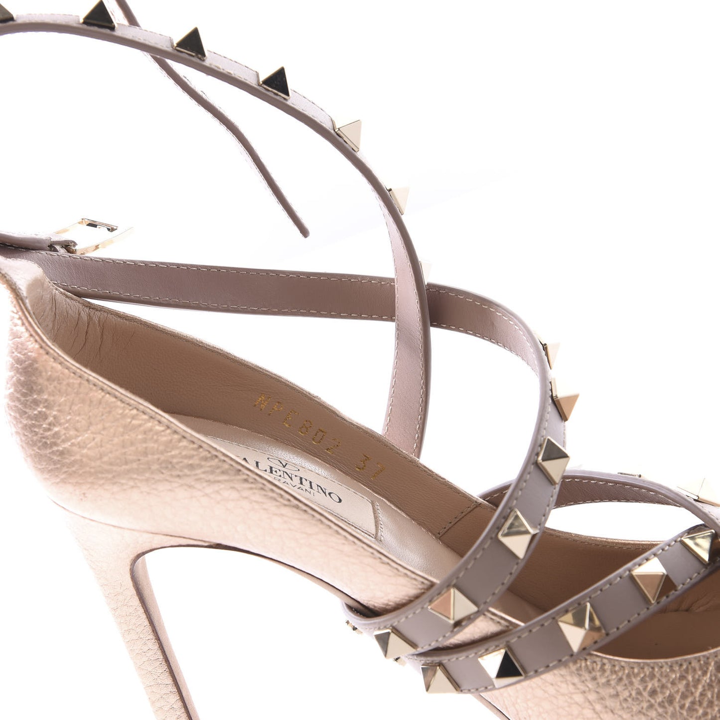 Metallic Grained Calfskin Rockstud Crisscross Ankle Wrap 105mm Pumps 37 Rame Poudre