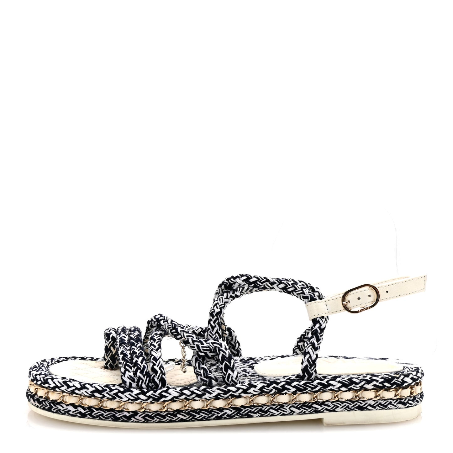 Cord Lambskin Quilted Logo Sandals 39 Navy Blue White