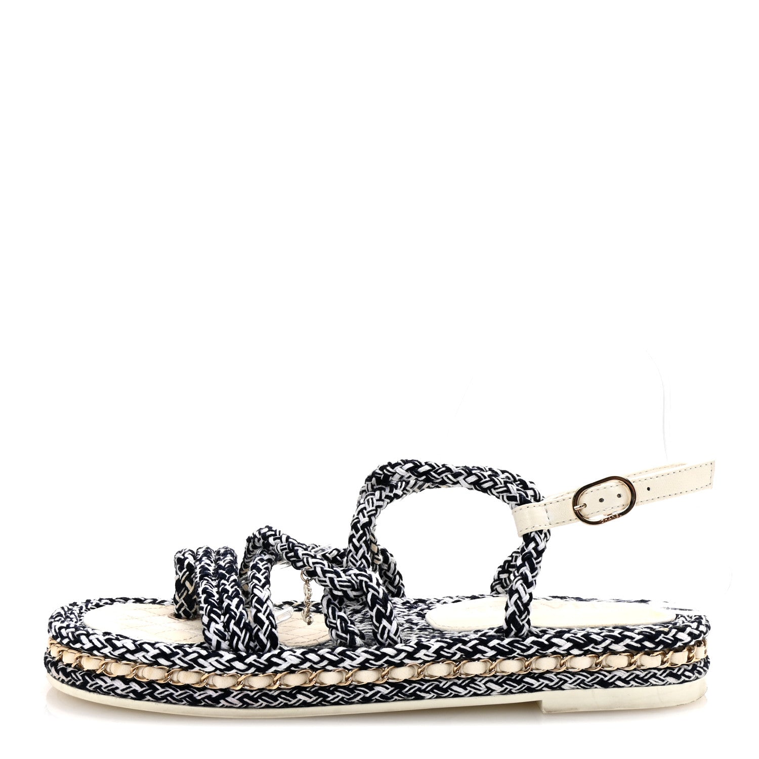 Chanel Cord Lambskin Quilted Logo Sandals 39 Navy Blue White 1 of 10