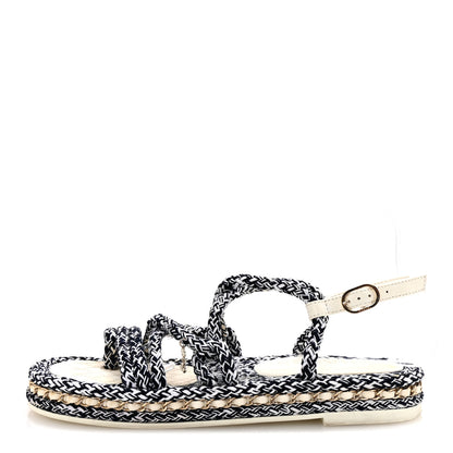 Chanel Cord Lambskin Quilted Logo Sandals 39 Navy Blue White 1 of 10