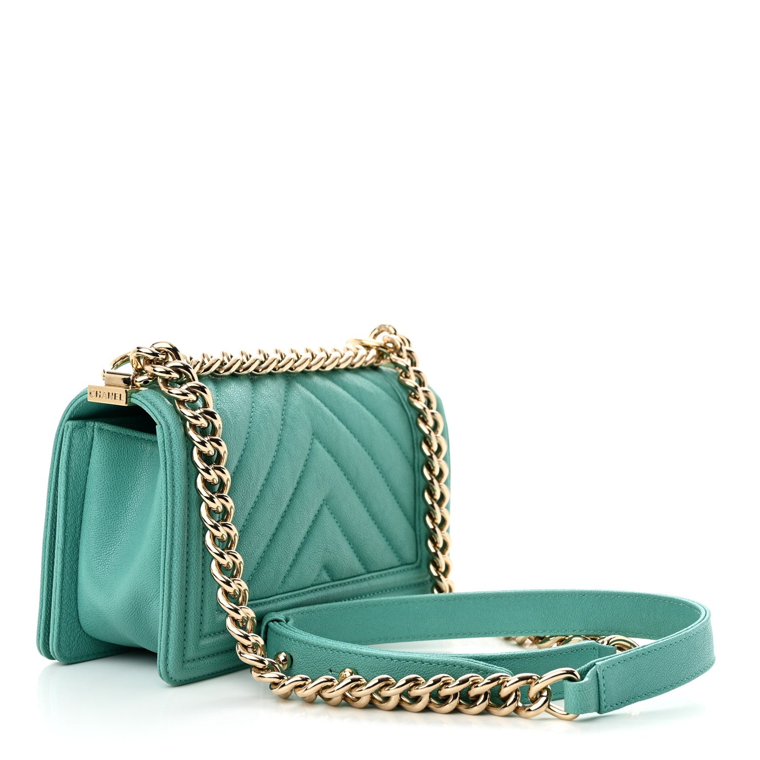 Chanel Caviar Chevron Quilted Small Boy Flap Green 3 of 11