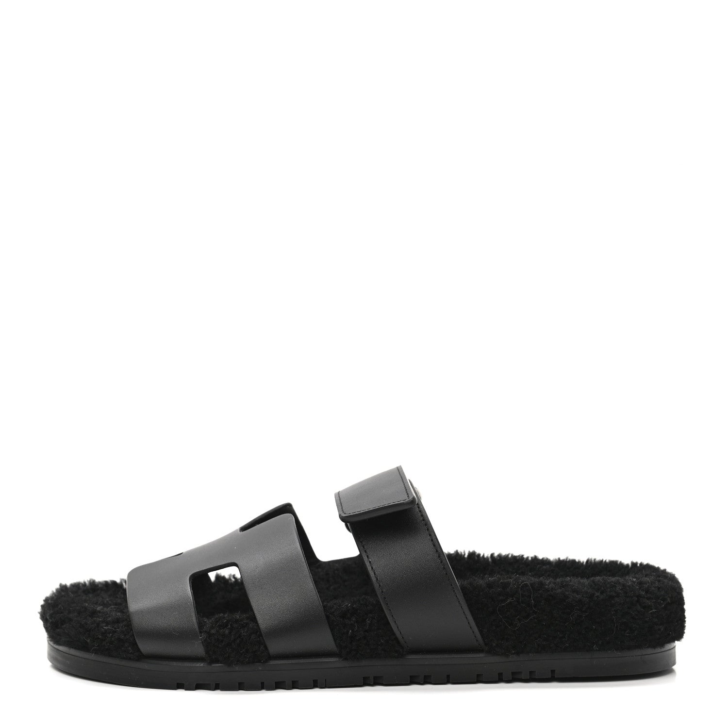 Hermes Calfskin Woolskin Womens Chypre Sandals 39 Black 1 of 8