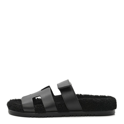 Hermes Calfskin Woolskin Womens Chypre Sandals 39 Black 1 of 8