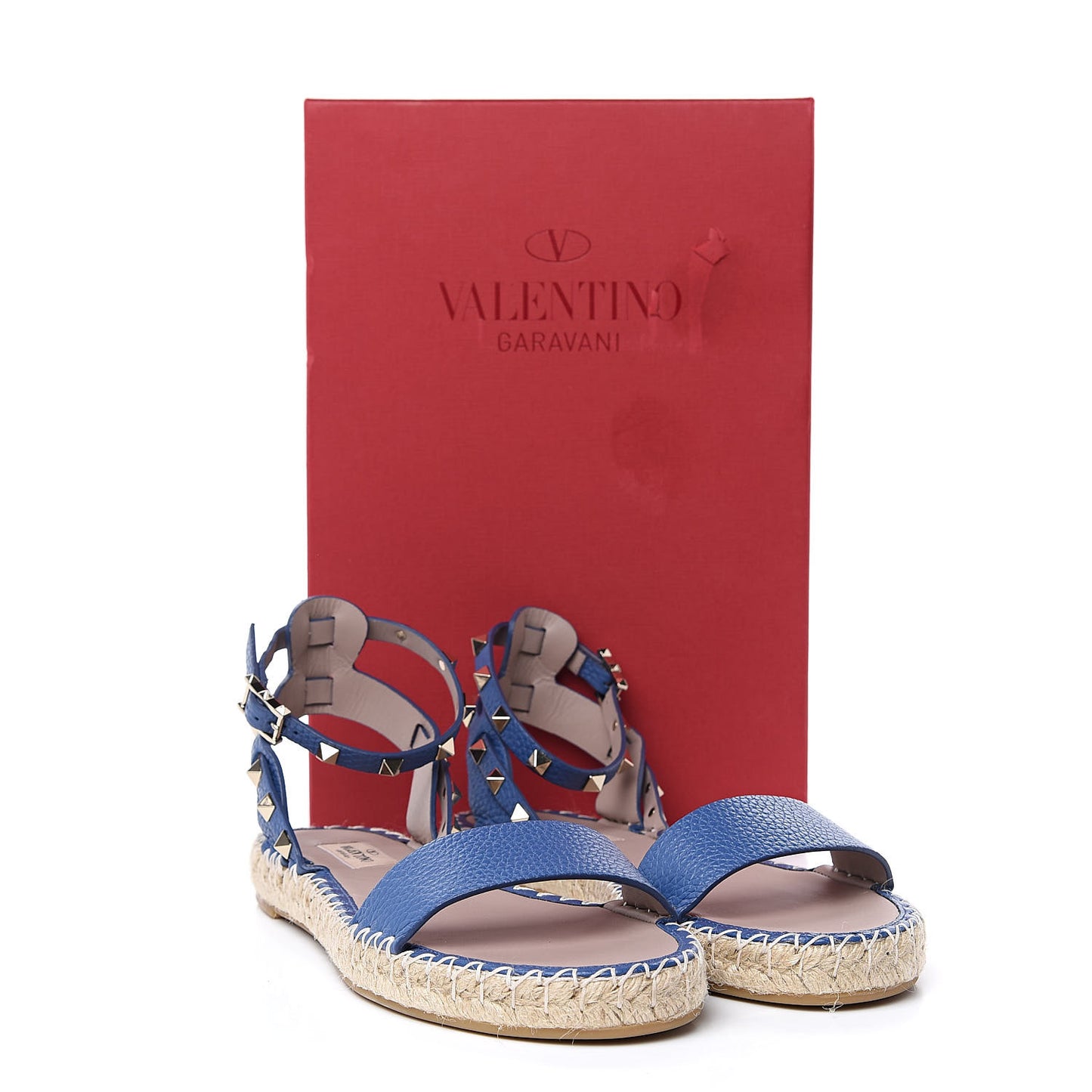 Grained Calfskin Rockstud Ankle Strap Espadrille Flat Sandals 39 Baltique