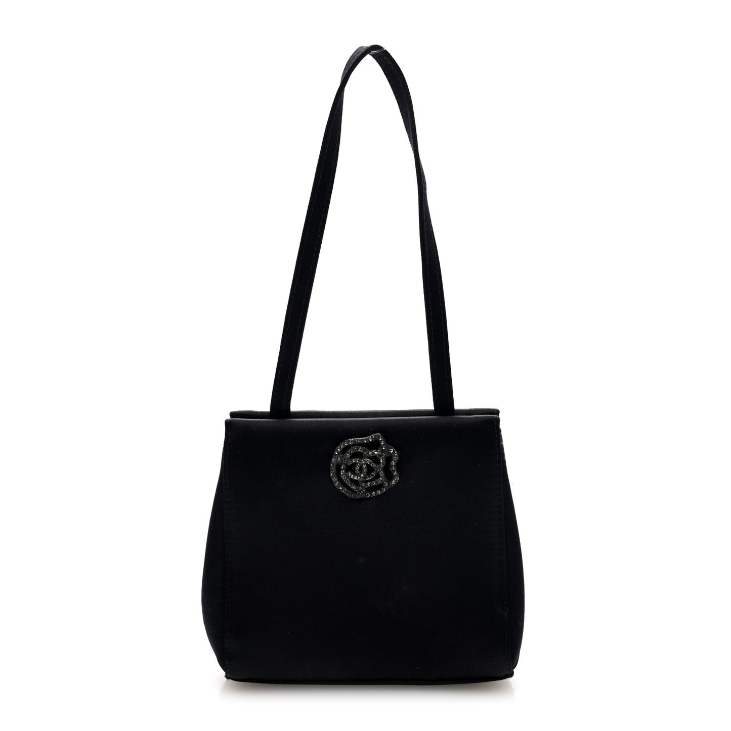 Satin Crystal Small Camellia Evening Bag Black