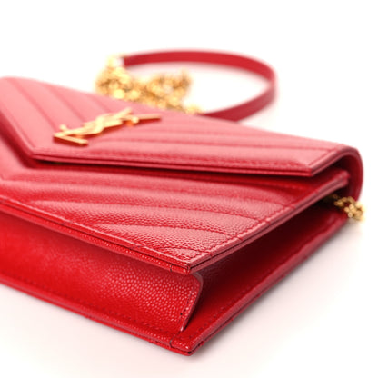 Saint Laurent Grain De Poudre Matelasse Chevron Monogram Envelope Chain Wallet New Red 9 of 10