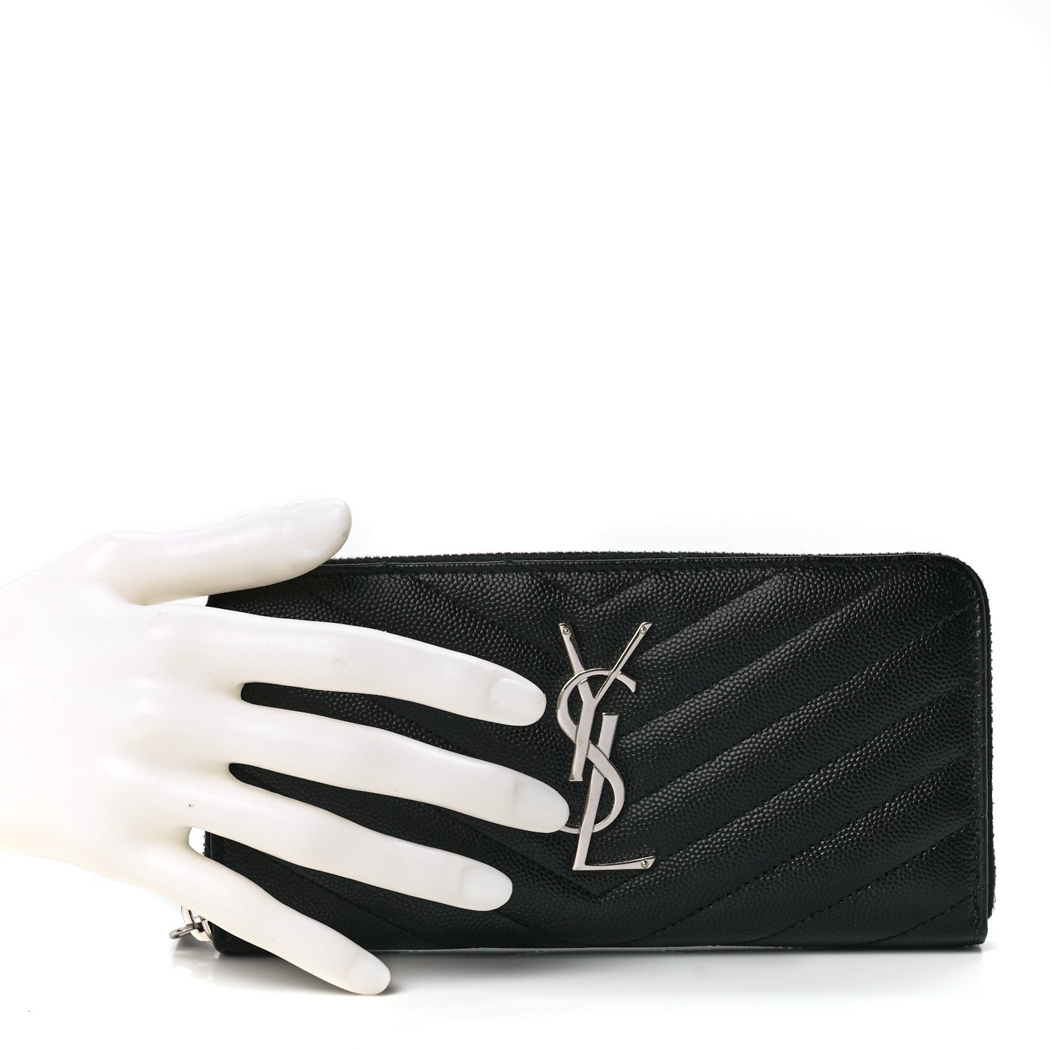 Saint Laurent Grain De Poudre Matelasse Chevron Monogram Zip Around Wallet Black 2 of 10