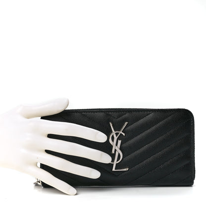 Saint Laurent Grain De Poudre Matelasse Chevron Monogram Zip Around Wallet Black 2 of 10