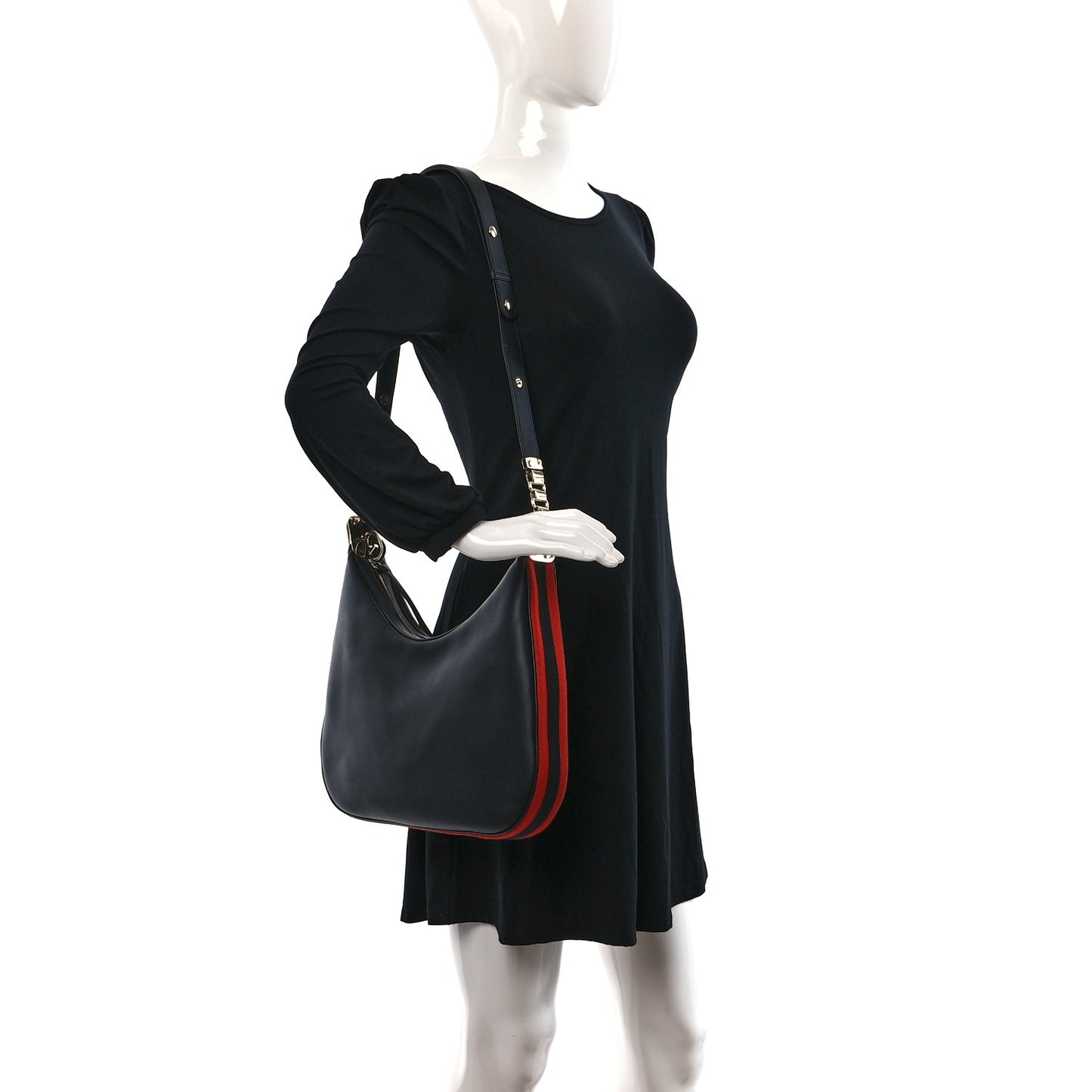 Aria Calfskin Web Large Attache Shoulder Bag Black