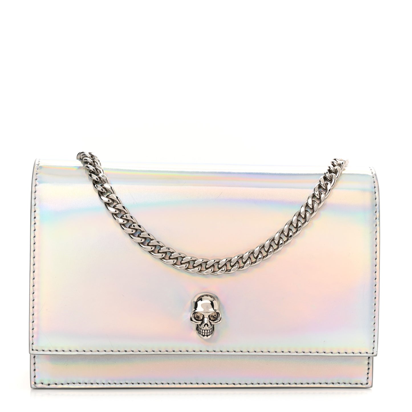 Iridescent Calfskin Skull Crossbody Silver