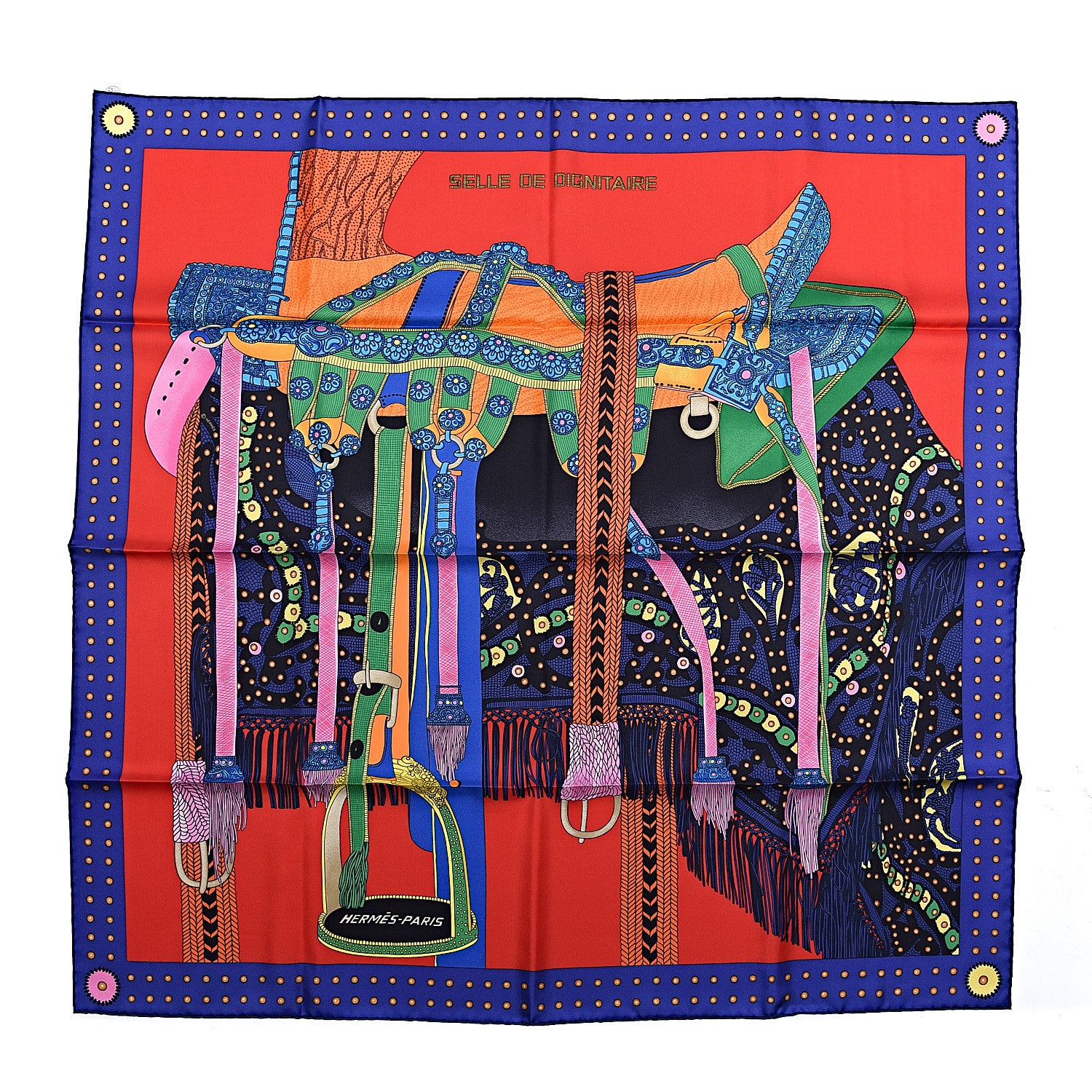 Hermes Silk Selle De Dignitaire Scarf 90 Rouge Violet Orange 1 of 5