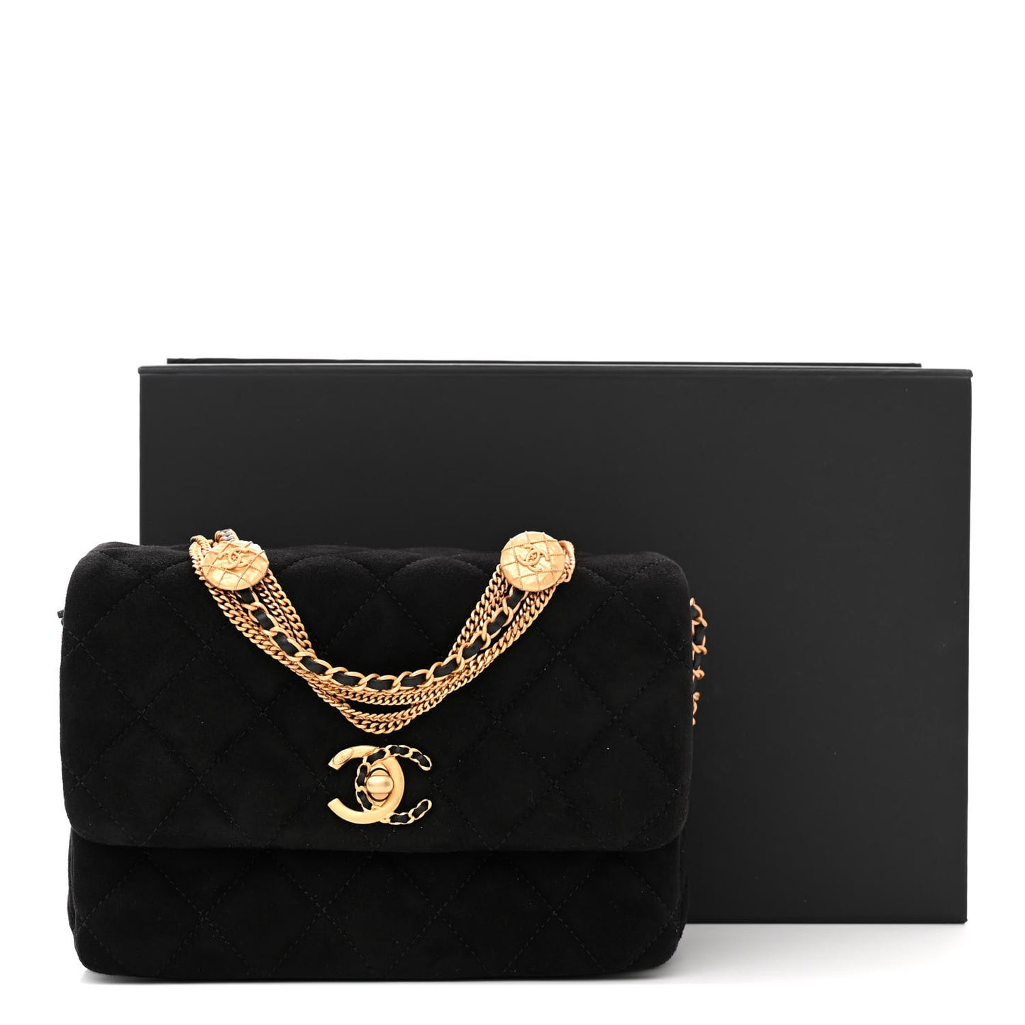 Suede Quilted Mini Medallion Multi Chain Flap Black
