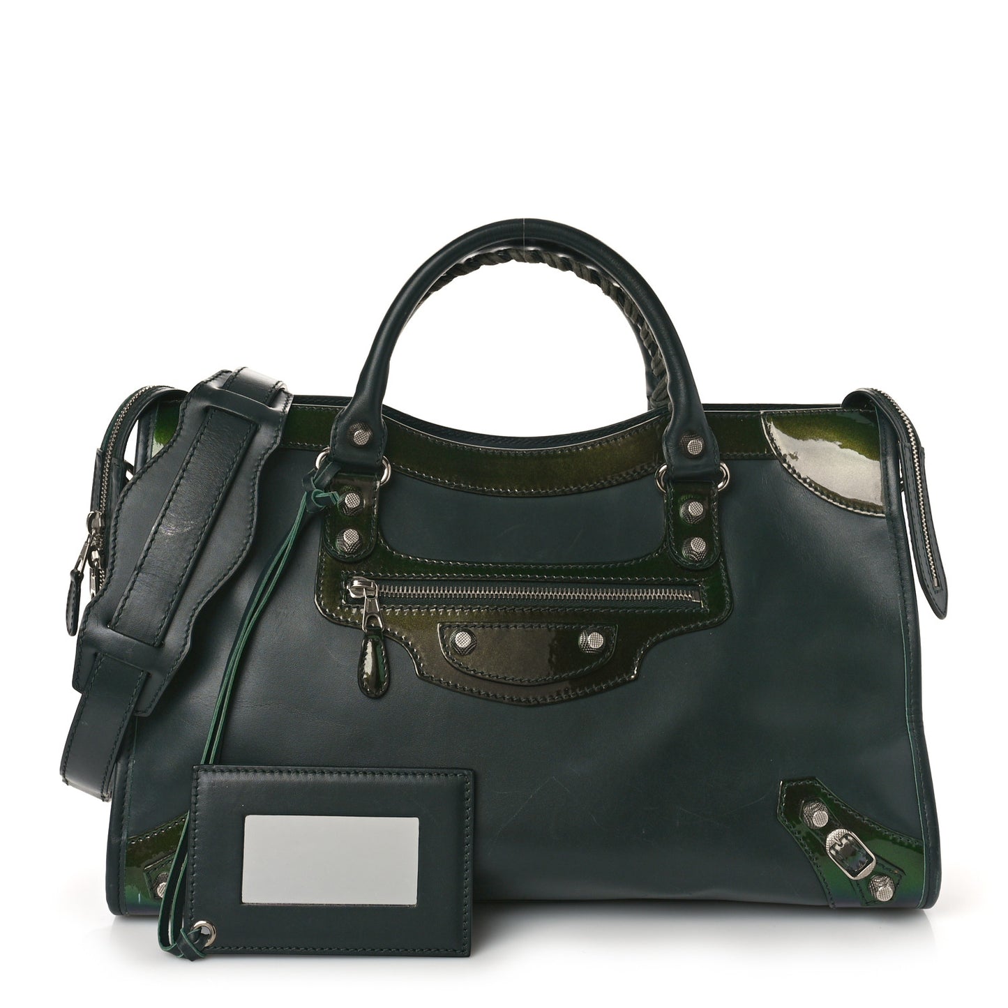 Smooth Calfskin Metallic Patent Giant 12 Silver Hardware City Vert Poker Fonce