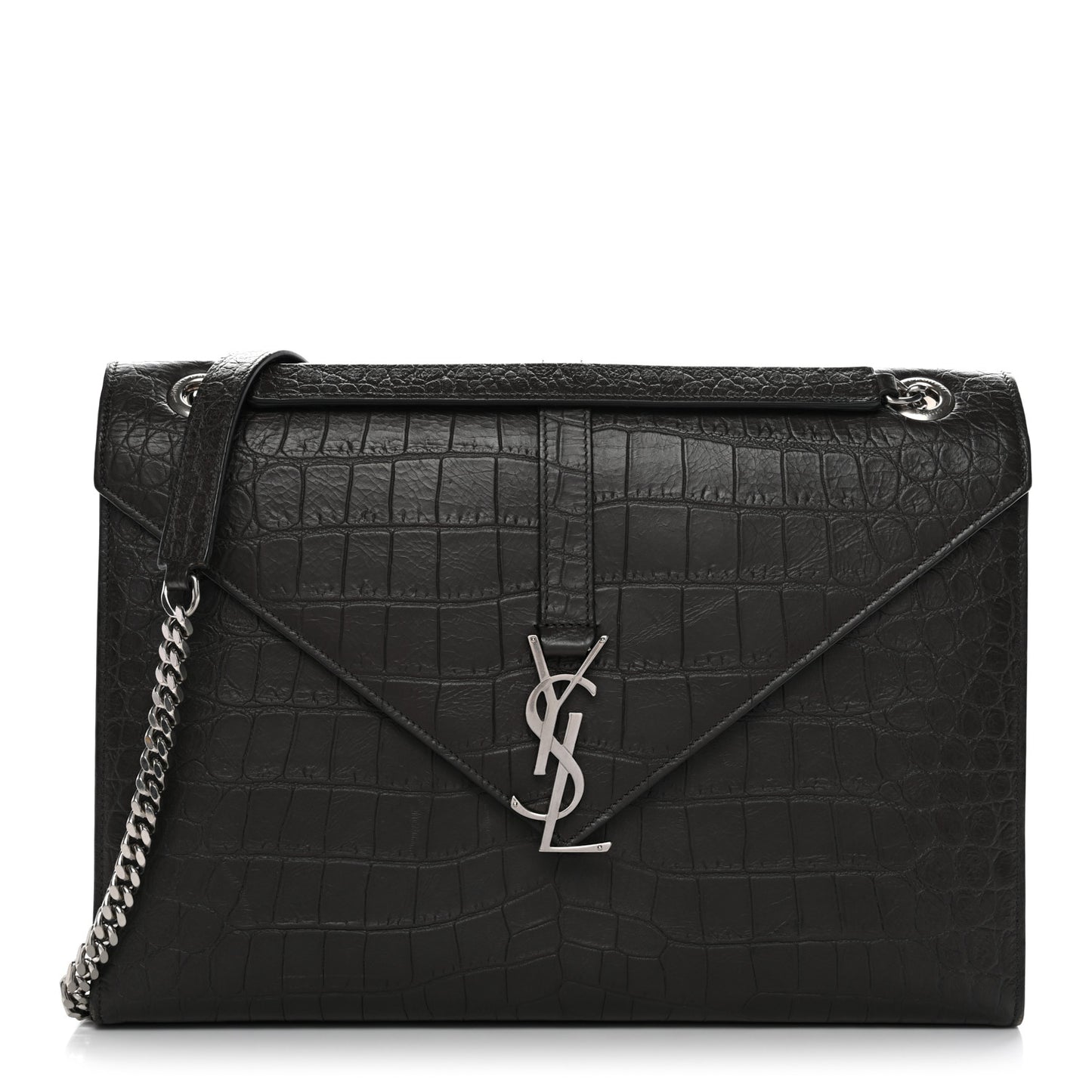 Calfskin Crocodile Embossed Large Monogram Satchel Dark Brown