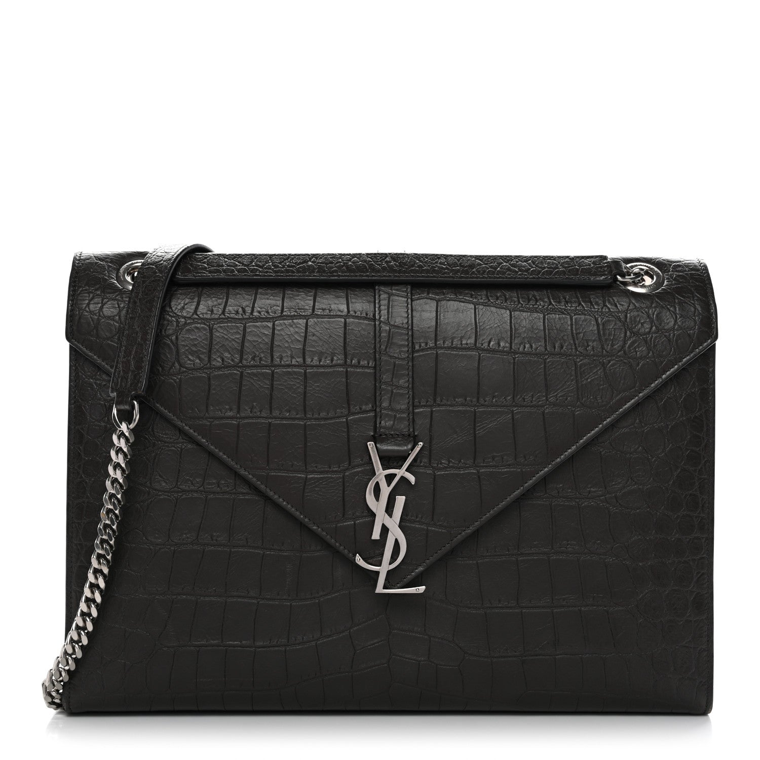 Saint Laurent Calfskin Crocodile Embossed Large Monogram Satchel Dark Brown 1 of 12
