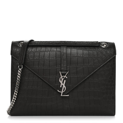 Saint Laurent Calfskin Crocodile Embossed Large Monogram Satchel Dark Brown 1 of 12