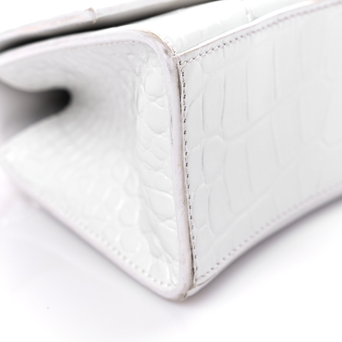 Shiny Calfskin Crocodile Embossed Hourglass Top Handle Bag XS White