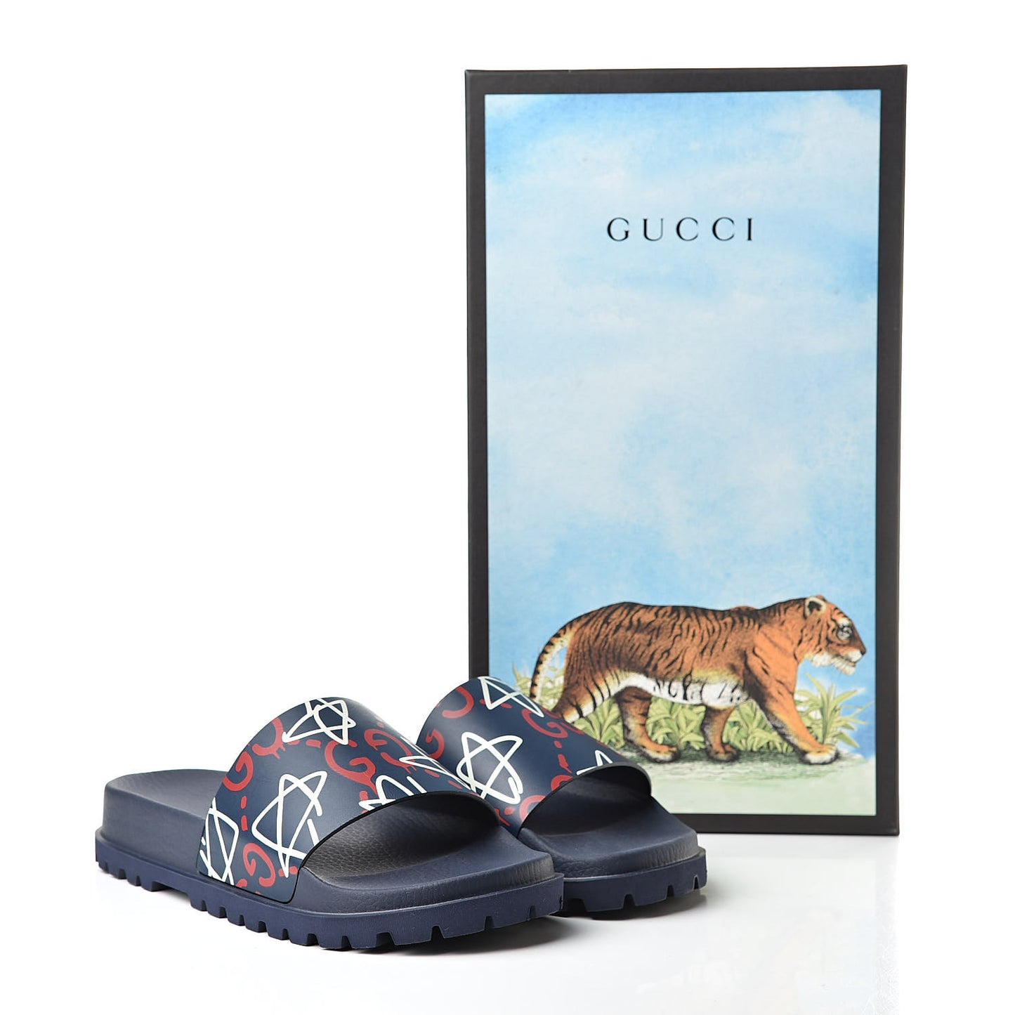 Calfskin Rubber GucciGhost Mens Lug Sole Slide Sandals 7 Blue Agata Hibiscus Red