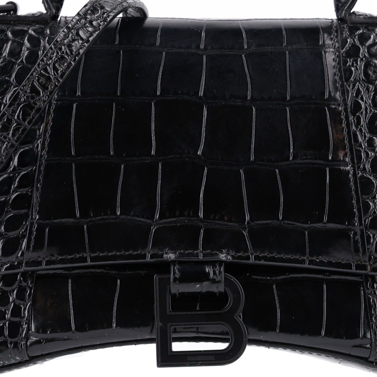 Shiny Calfskin Monochrome Crocodile Embossed Small Hourglass Top Handle Bag Black