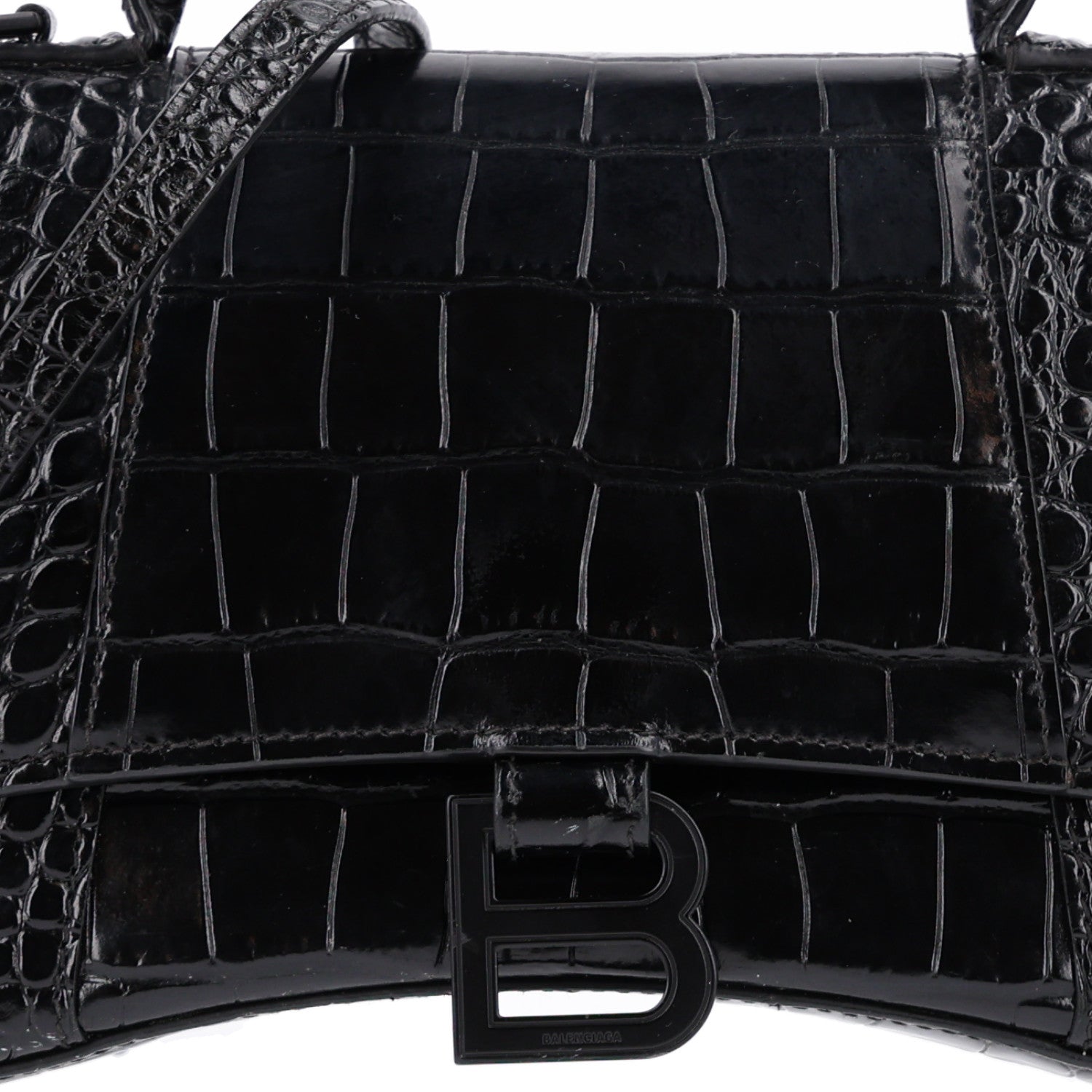 Balenciaga Shiny Calfskin Monochrome Crocodile Embossed Small Hourglass Top Handle Bag Black 8 of 10