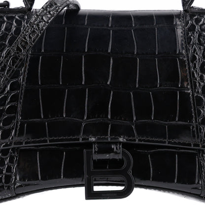 Balenciaga Shiny Calfskin Monochrome Crocodile Embossed Small Hourglass Top Handle Bag Black 8 of 10