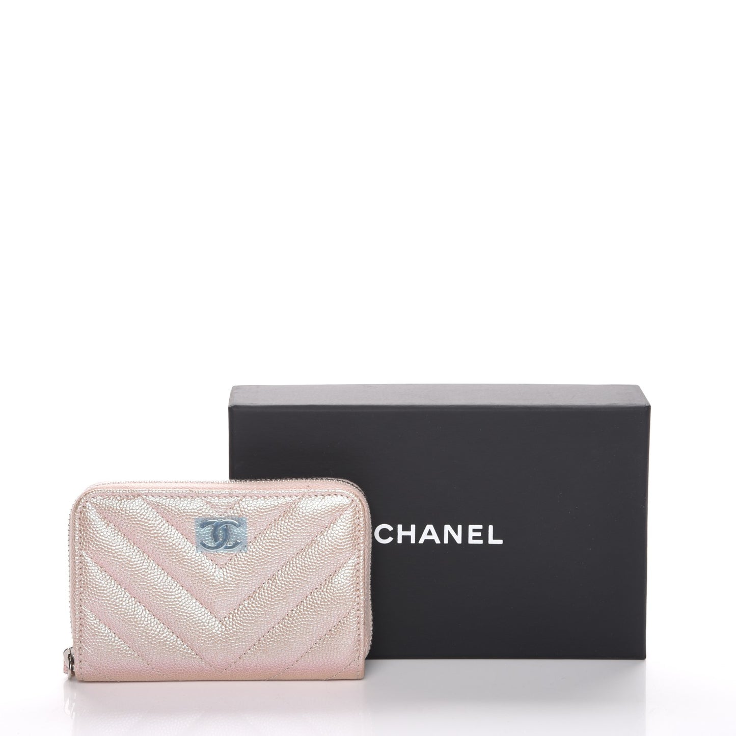 Metallic Caviar Chevron Quilted Zip Around Coin Purse Light Gold
