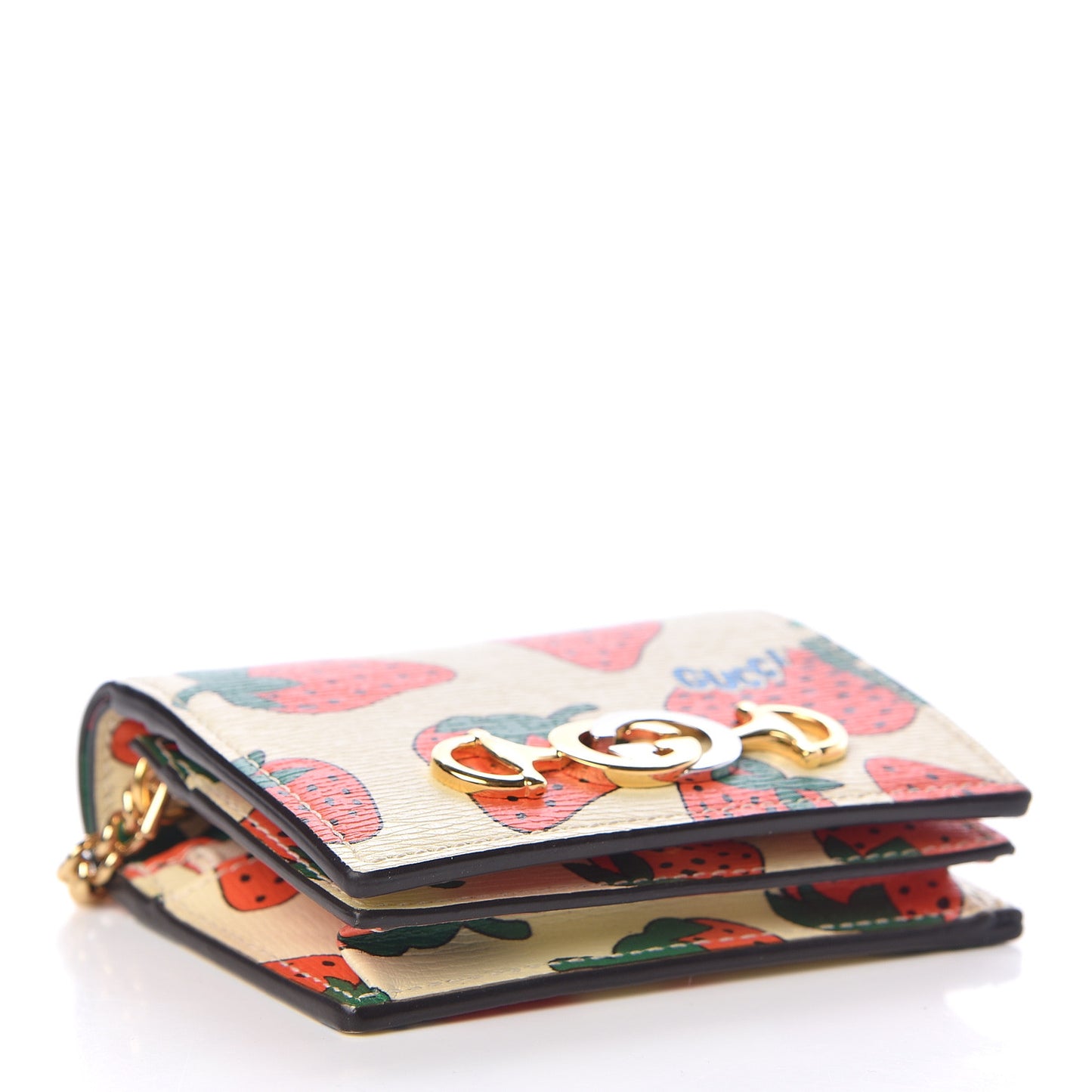 Calfskin Strawberry Print Zumi Chain Card Case Wallet Ivory Red