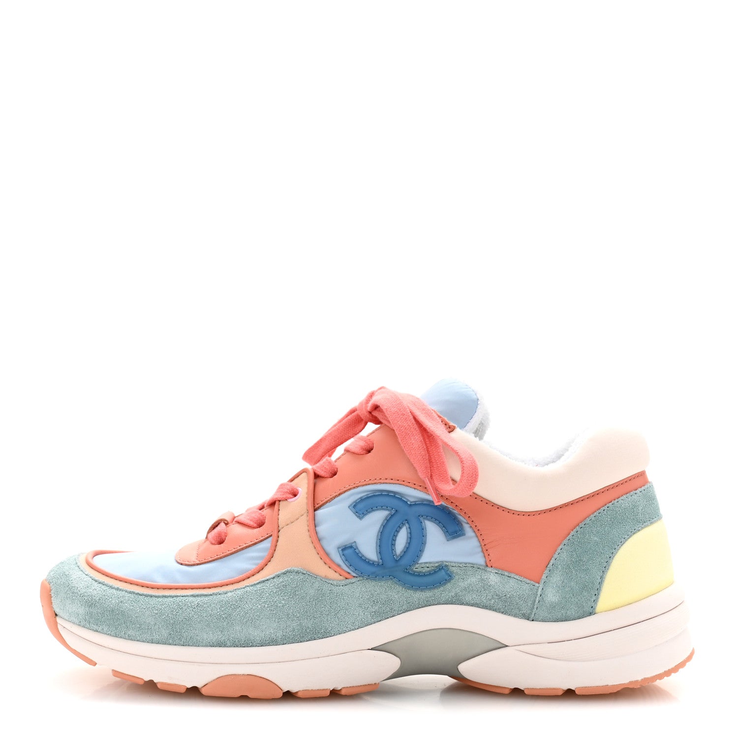 Chanel Nylon Lambskin Suede Calfskin CC Sneakers 38.5 Coral Light Blue White 1 of 9
