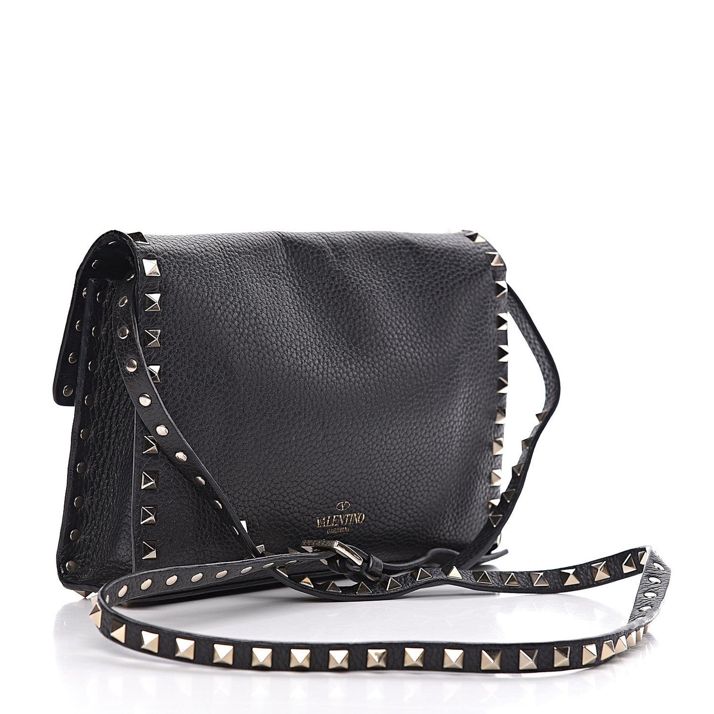 Pebbled Calfskin Medium Rockstud Flip Lock Crossbody Bag Black