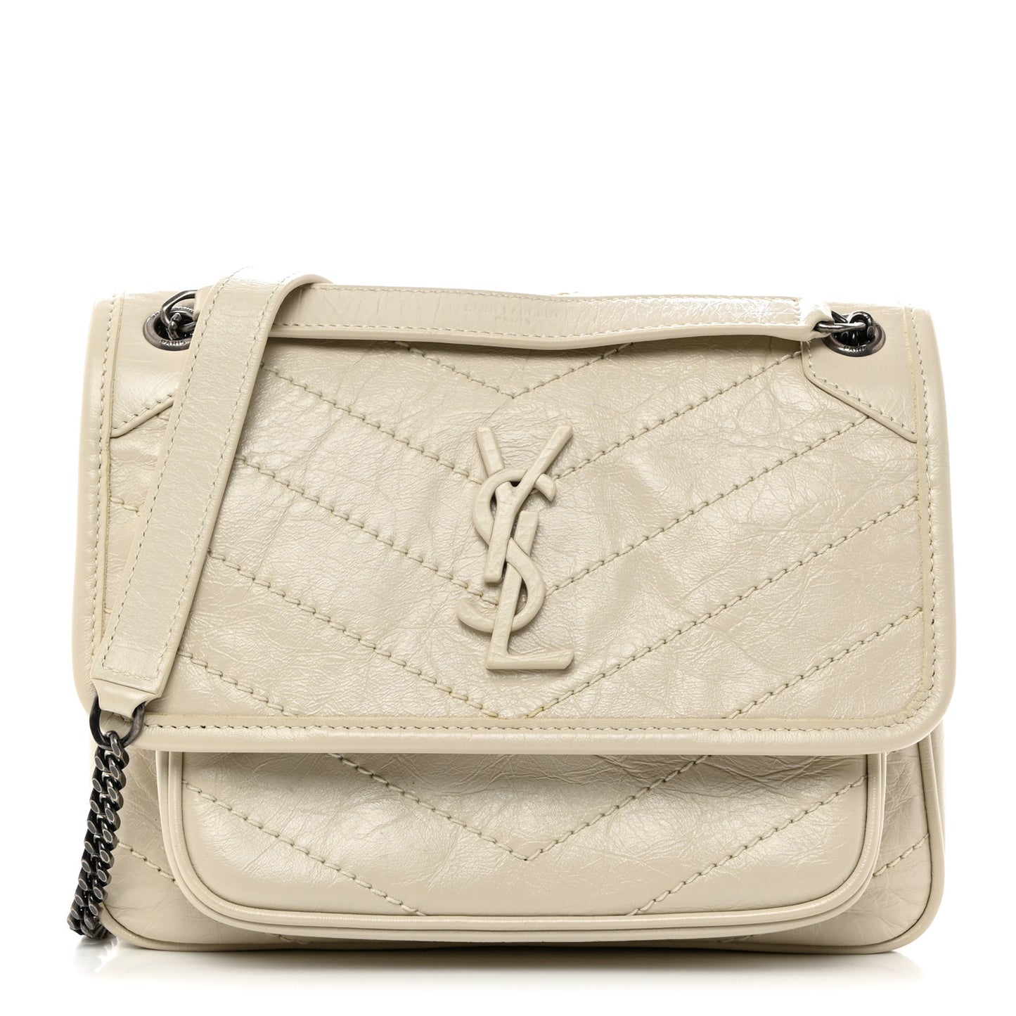 Crinkled Calfskin Matelasse Monogram Baby Niki Chain Satchel Ivory