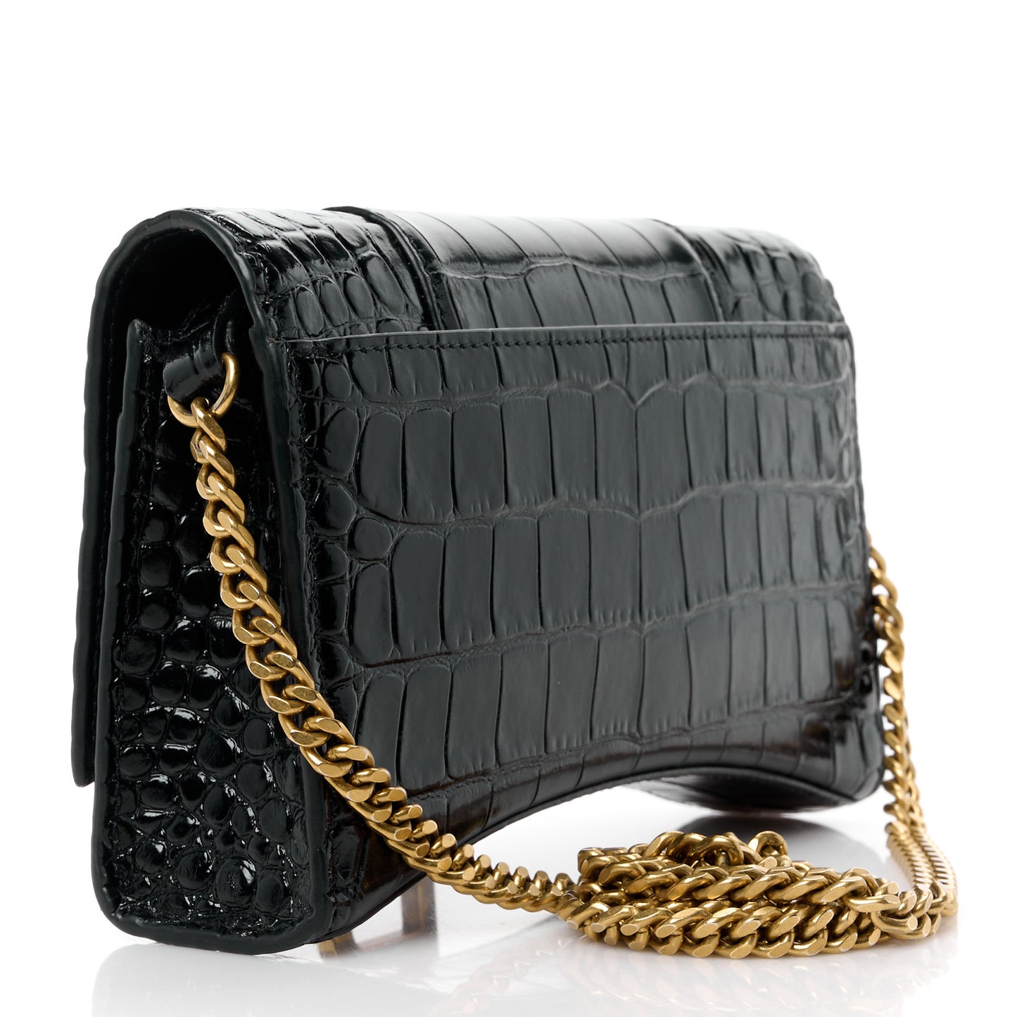 Shiny Calfskin Crocodile Embossed Hourglass Chain Bag Black
