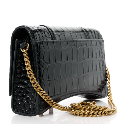 Balenciaga Shiny Calfskin Crocodile Embossed Hourglass Chain Bag Black 2 of 10