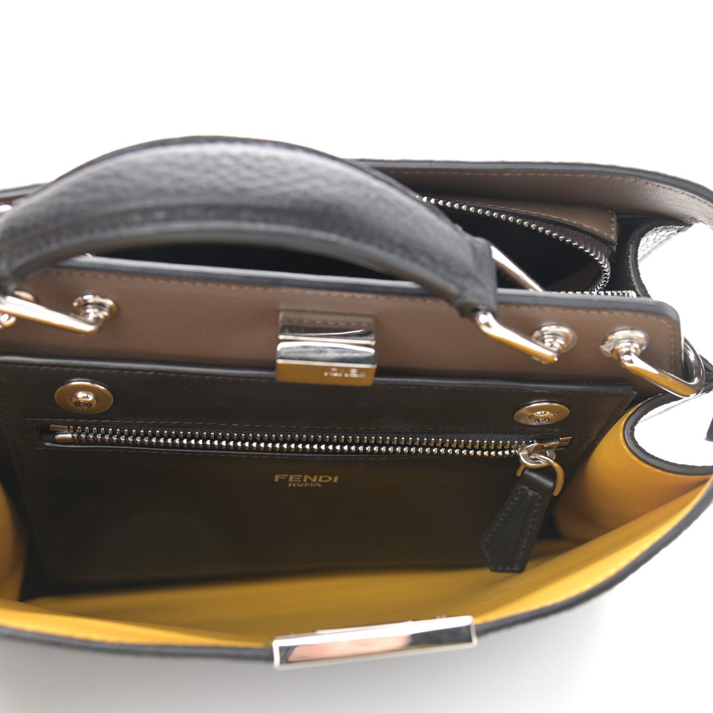 Cuoio Romano Vitello Cover Glazed Fabric Bi-Color FF 1974 Mini Peekaboo I SEE U Satchel Black Mimosa Tobacco Moro