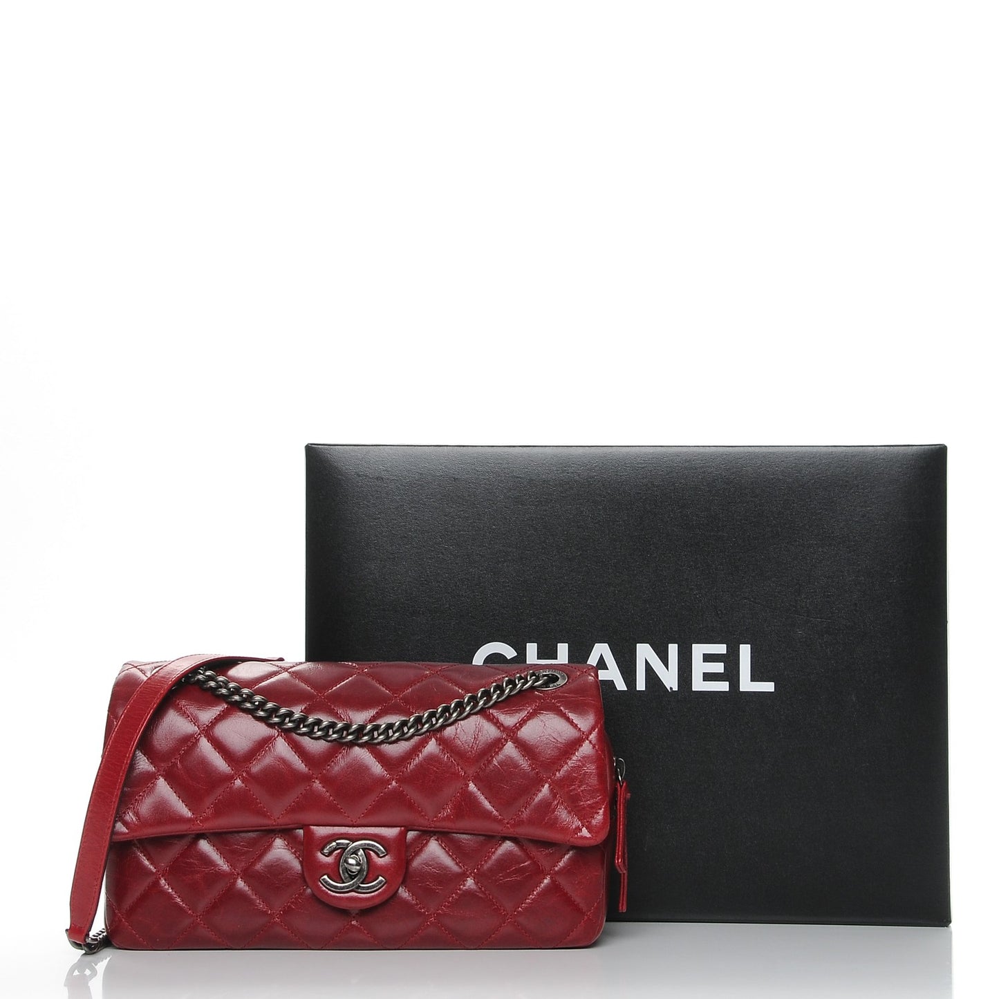 Glazed Calfskin Quilted Medium Duo Color Flap Dark Red