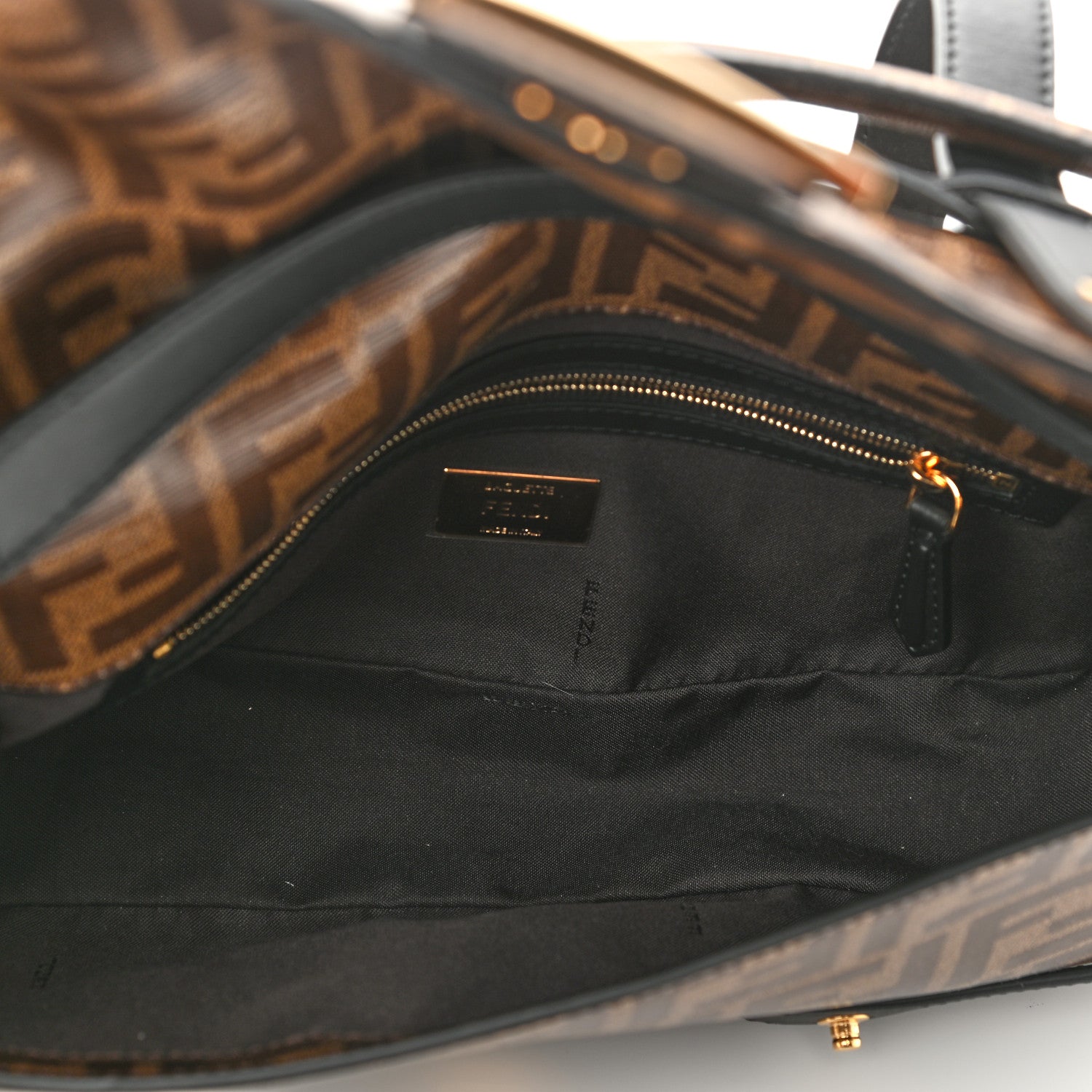 Fendi Glazed Fabric Vitello Century FF 1974 Large Baguette Cage Mogano Panna Black 5 of 10