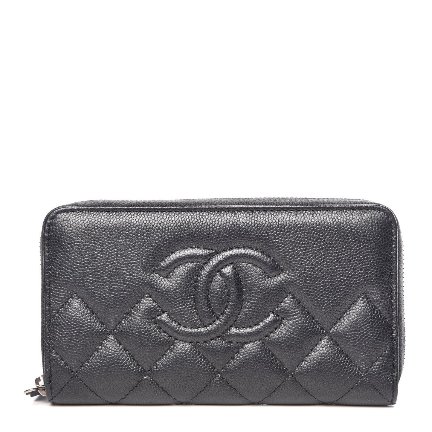 Metallic Caviar Quilted Medium Zip Around Wallet Dark Grey