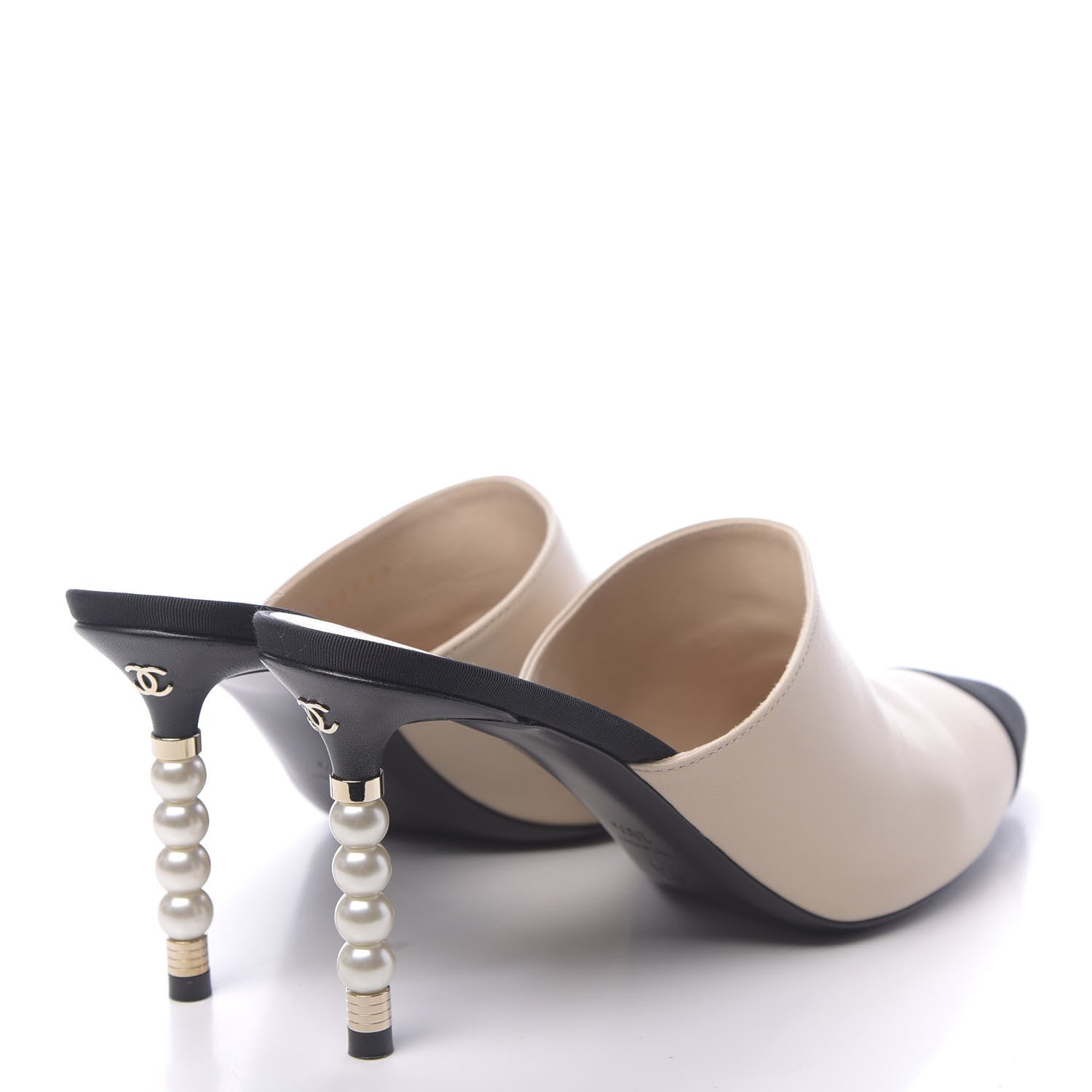 Chanel Lambskin Grosgrain Cap Toe Pearl Mule 38.5 Beige Black 5 of 11