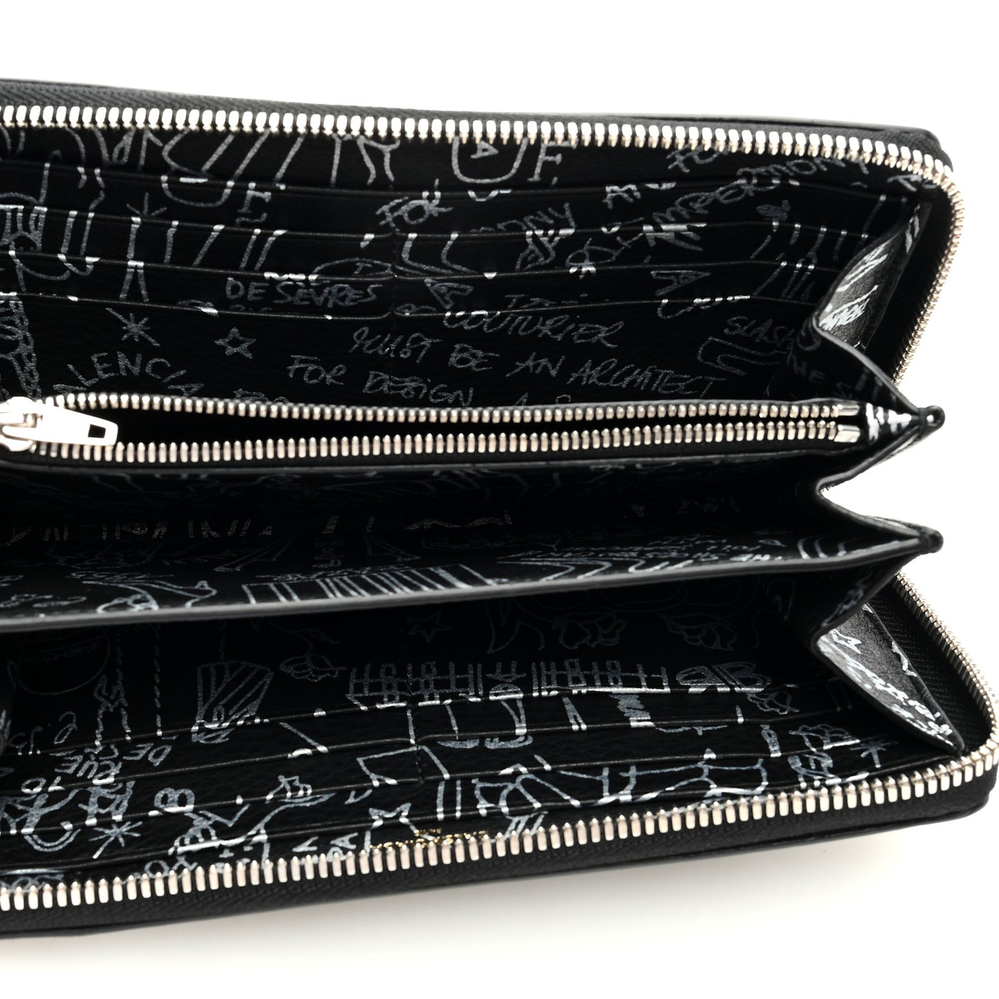 Calfskin Classic Silver Hardware Printed Tattoo Everyday Continental Zip Around Wallet Black