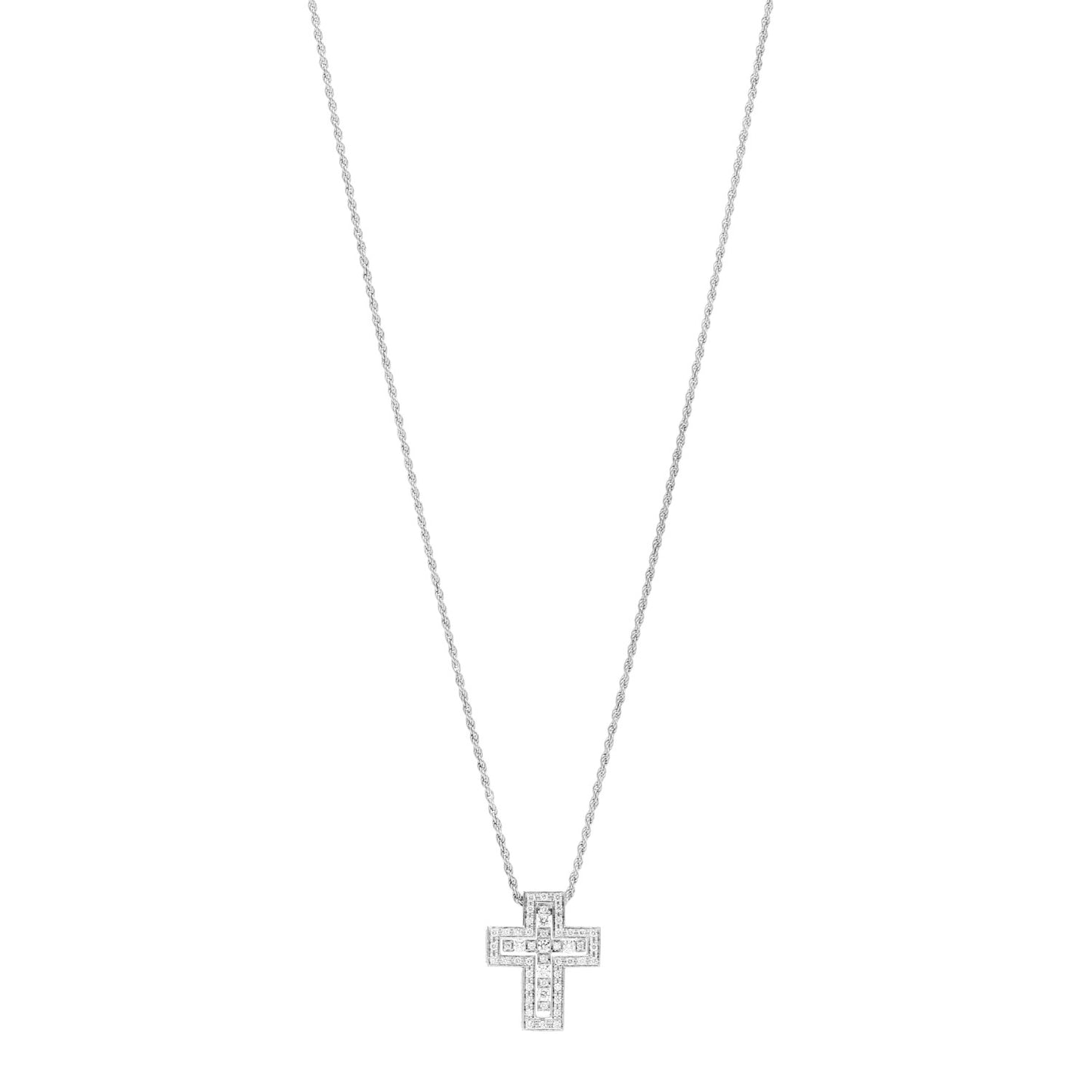 18K White Gold Diamond Belle Epoque Cross Pendant Necklace