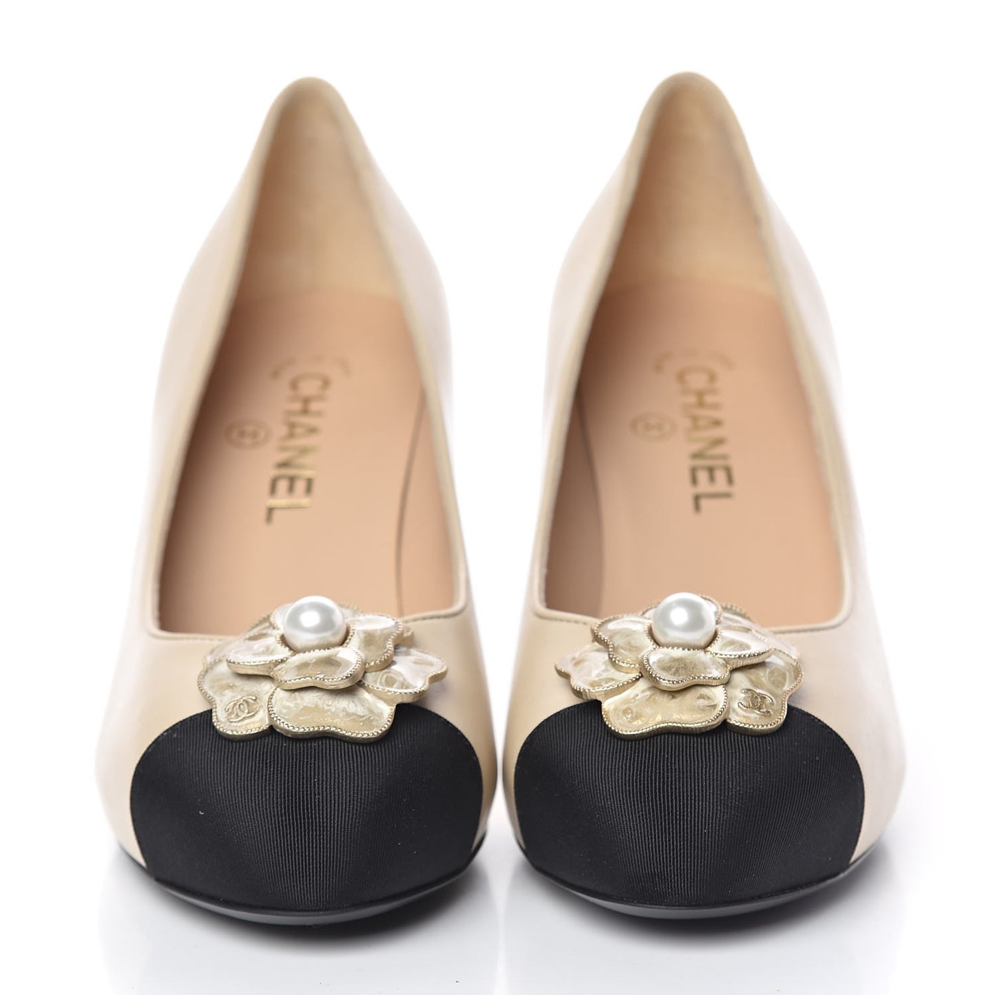 Calfskin Enamel Pearl Grosgrain Cap Toe Camellia Pumps 38.5 Black Beige