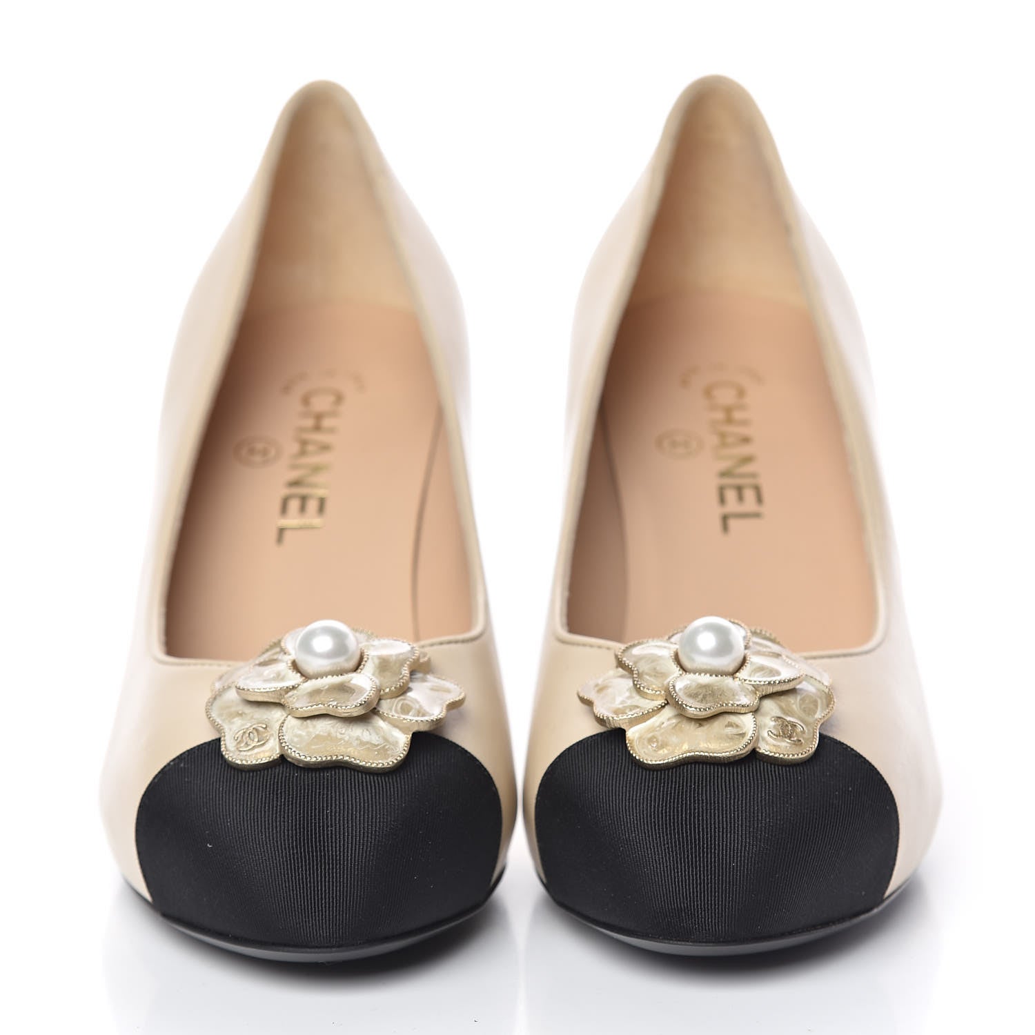 Chanel Calfskin Enamel Pearl Grosgrain Cap Toe Camellia Pumps 38.5 Black Beige 2 of 9
