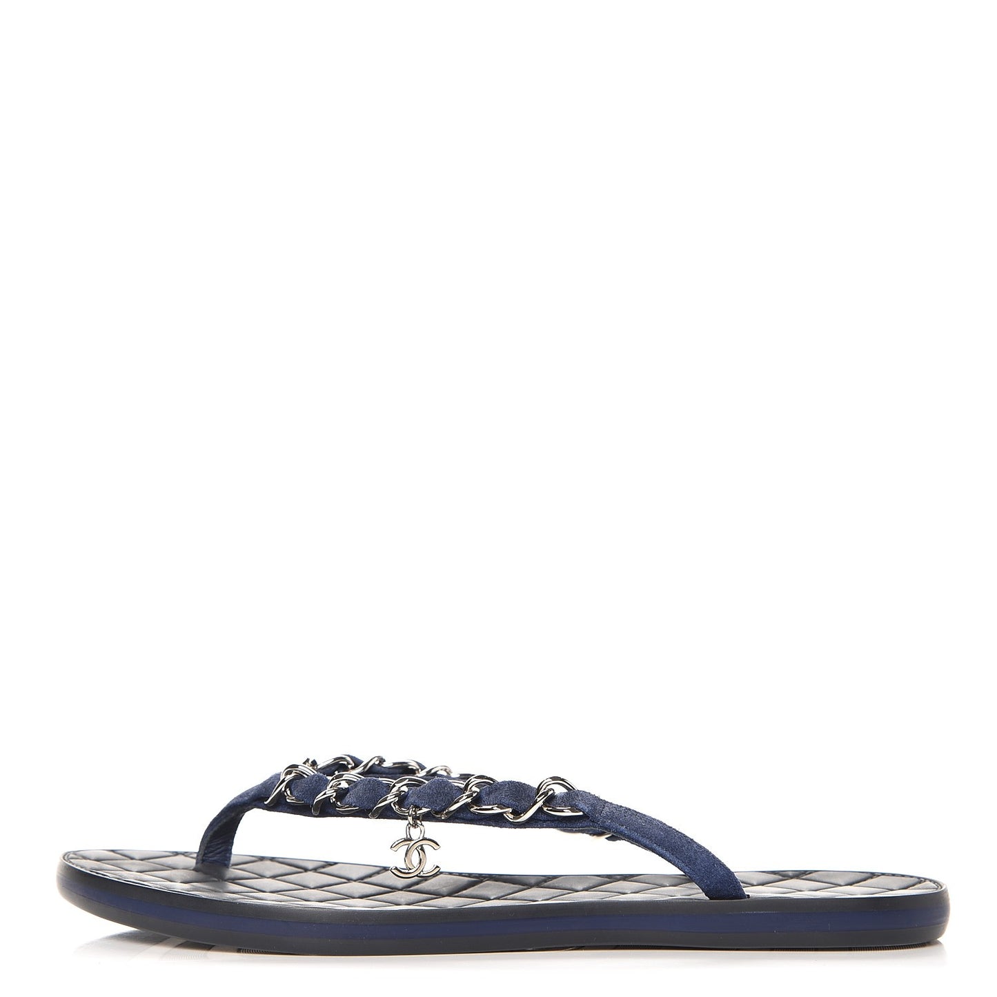 Suede Calfskin Quilted Chain Thong Sandals 35 Navy Blue