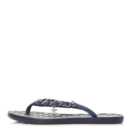 Chanel Suede Calfskin Quilted Chain Thong Sandals 35 Navy Blue 1 of 8