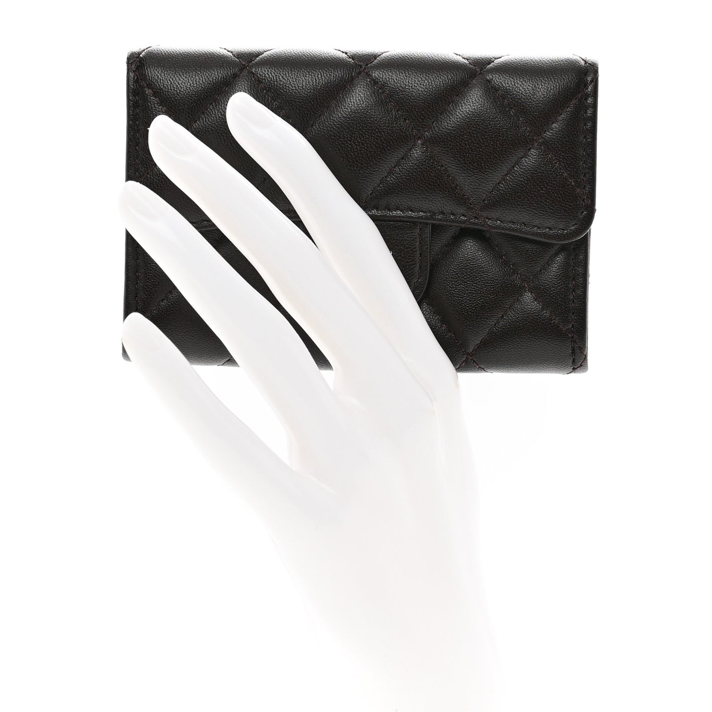 Lambskin Quilted Flap Card Holder Wallet Dark Brown