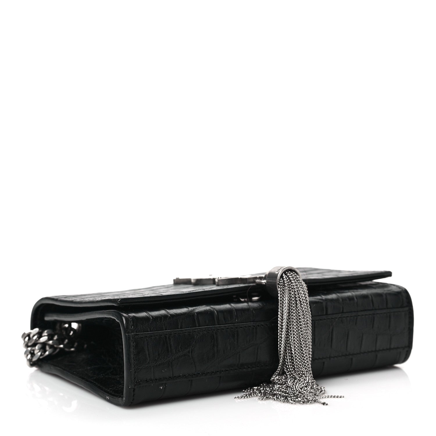 Saint Laurent Calfskin Crocodile Embossed Small Classic Monogram Kate Tassel Satchel Black 4 of 8
