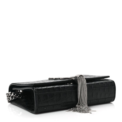 Saint Laurent Calfskin Crocodile Embossed Small Classic Monogram Kate Tassel Satchel Black 4 of 8