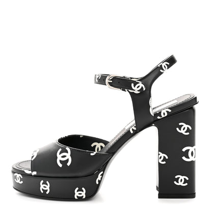 Chanel Printed Lambskin CC Platform Sandals 37 Black White 1 of 11